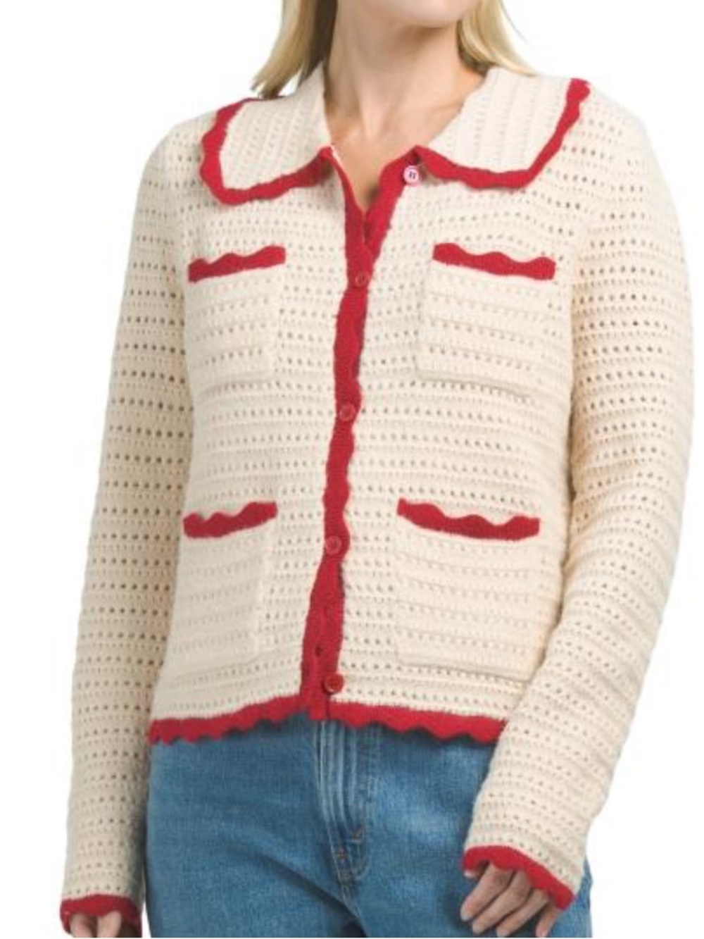 NVLT Cream and Red Crochet-Trim Cardigan Sweater